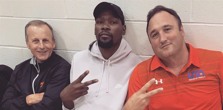Barnes courtside with Durant while recruiting at Peach Jam Barnes courtside with Durant while recruiting at Peach Jam